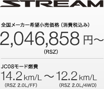 STREAM S[J[]iiō݁j2,046,858~`iRSZjJC08[hR14.2km/LiRSZ 2.0L/FFj` 12.2km/LiRSZ 2.0L/4WDj