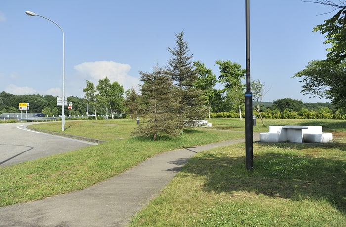 入り口側にある緑地は広く、ベンチや遊歩道があります。