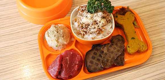 左上から自家製ポテトサラダ、ボロネーゼドリア風、緑黄色野菜ケーキ左下からワンちゃん用ロース、牛タンジャーキー