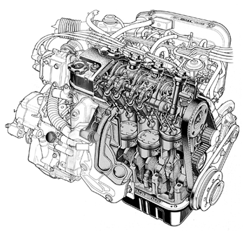 イラスト:1.6L 16バルブデュアル・キャブ エンジン