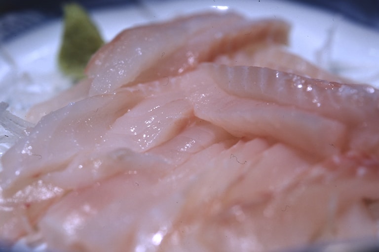 オウゴンムラソイの刺身。東京湾や相模湾で釣れるムラソイとは、同じ種類の魚とは思えないほど味に違いがあります