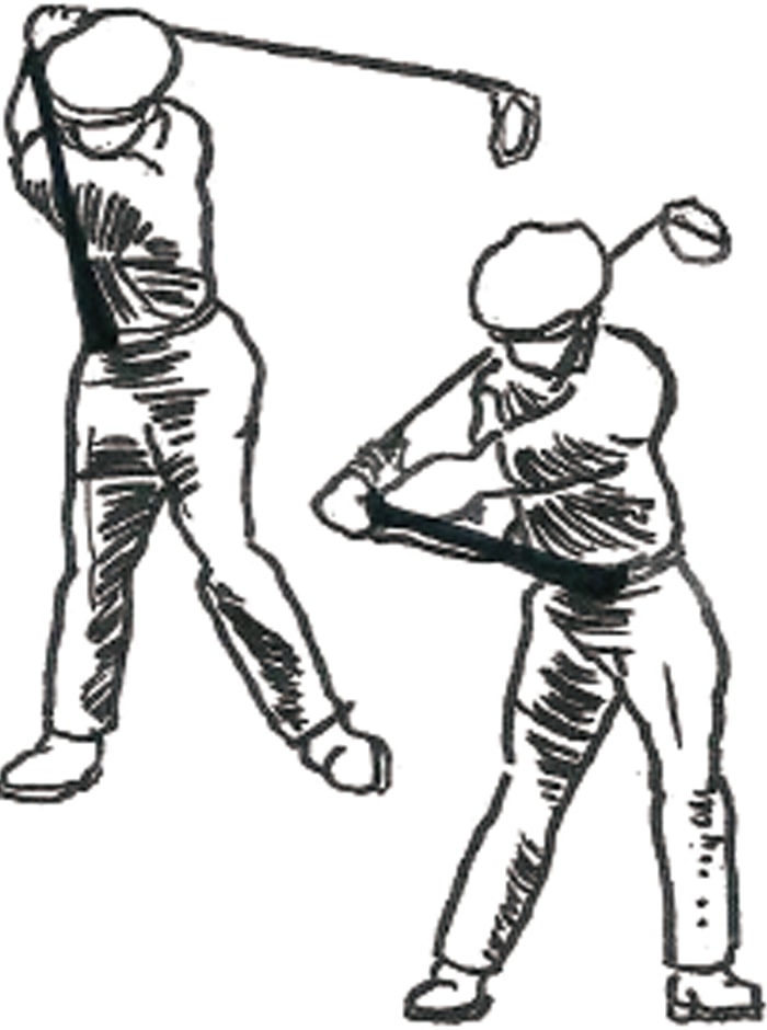 ベン・ホーガンは名著『モダン・ゴルフ』で「両腰が左に回転することで、自動的に両腕と両手が腰の高さまで引き下ろされる」と解説している。このとき手首のコッキングはまだほどかれていないが、これが「タメ」であり、ボールをまっすぐ遠くに飛ばす秘訣だ。