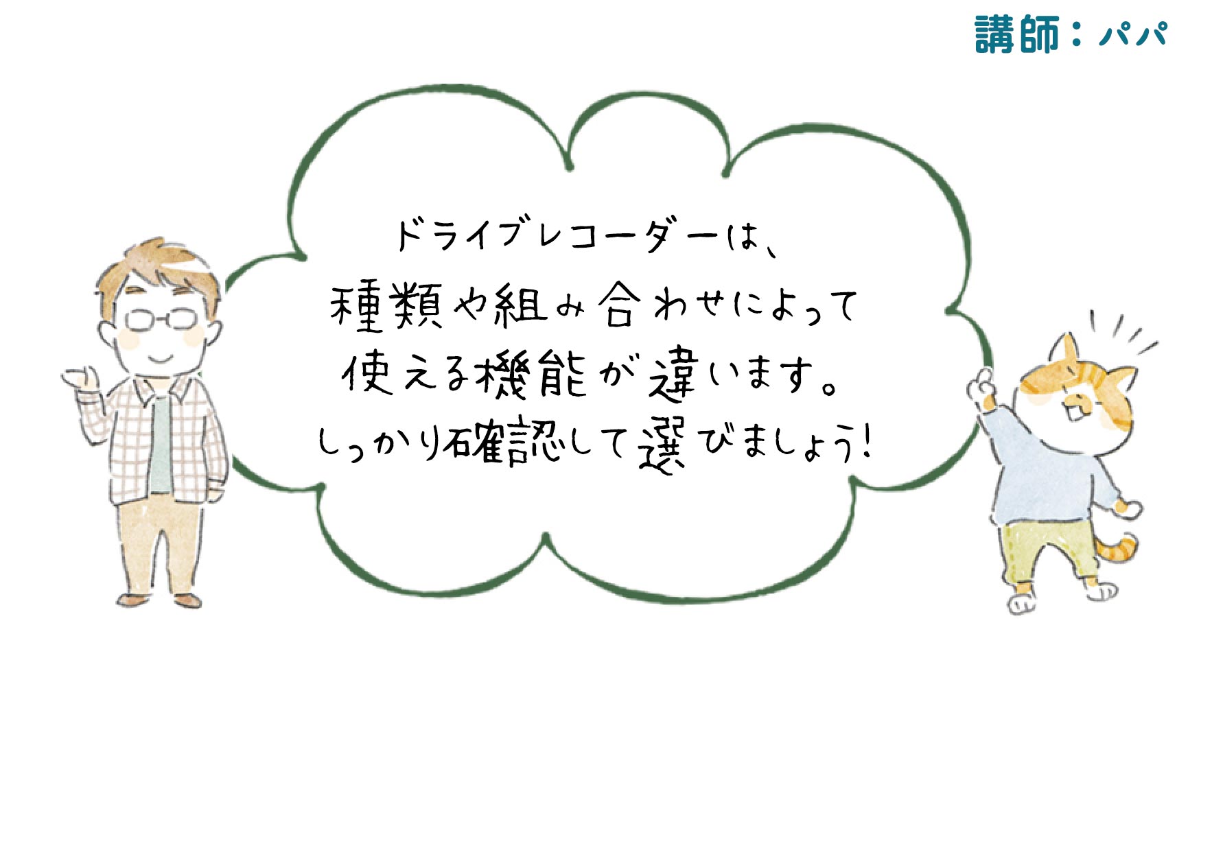 ドライブレコーダーは、種類や組み合わせによって使える機能が違います。しっかり確認して選びましょう！