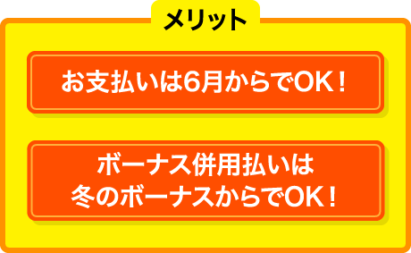 メリット お支払いは6月からでOK！ ボーナス併用払いは冬のボーナスからでOK！