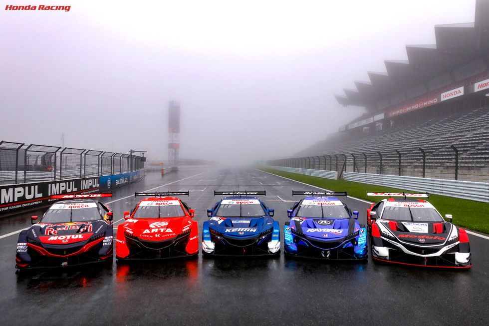 (左から)Red Bull MOTUL MUGEN NSX-GT、ARTA NSX-GT、KEIHIN NSX-GT、RAYBRIG NSX-GT、Modulo KENWOOD NSX GT3