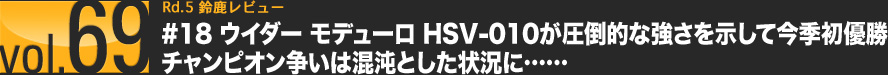 vol.69 Rd.5 鈴鹿レビュー　#18 ウイダー モデューロ HSV-010が圧倒的な強さを示して今季初優勝　チャンピオン争いは混沌とした状況に……