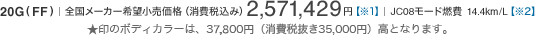 20GiFFjS[J[]iiō݁j2,571,429~y1z@JC08[hR14.4km/Ly2z@̃{fBJ[́A37,800~iŔ35,000~jƂȂ܂B