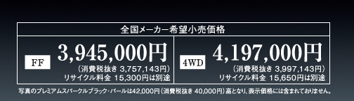 yS[J[]iz[FF]3,945,000~iŔ 3,757,143~jTCN 15,300~͕ʓr [4WD]4,197,000~iŔ 3,997,143~jTCN 15,650~͕ʓr@ʐ^̃v~AXp[NubNEp[42,000~iŔ 40,000~jƂȂA\iɂ͊܂܂Ă܂B