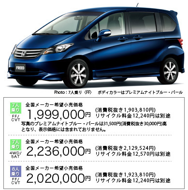 Honda│フリード（2010年10月終了モデル）｜タイプ・価格