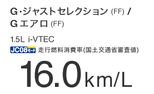 G・ジャストセレクション(FF)/Gエアロ(FF) 1.5L i-VTEC JC08モード走行燃料消費率(国土交通省審査値) 16.0km/L