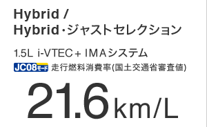 Hybrid／Hybrid･ジャストセレクション 1.5L i-VTEC+IMAシステム エコカー減税対象車 免税 JC08モード走行燃料消費率(国土交通省審査値) 21.6km/L