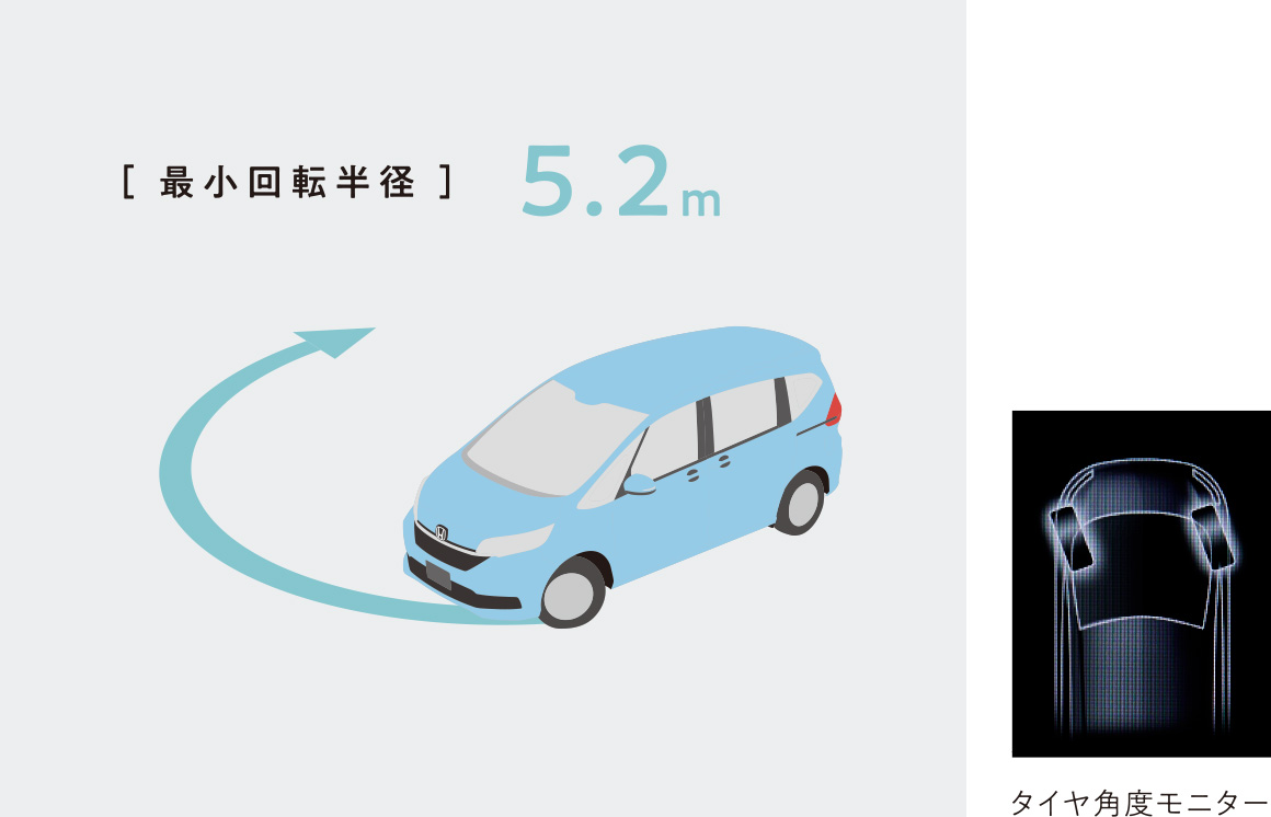 最小回転半径5.2m タイヤ角度モニター