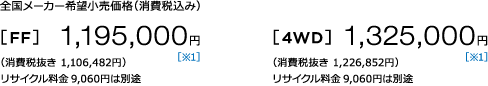 S[J[]iiō݁j [FF] 1,195,000~ m1n iŔ 1,106,482~j TCN9,060~͕ʓr [4WD] 1,325,000~ m1niŔ 1,226,852~jTCN9,060~͕ʓr