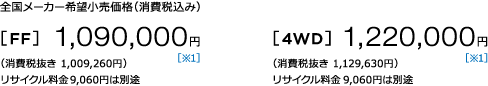 S[J[]iiō݁j [FF] 1,130,000~ m1n iŔ 1,046,296~j TCN9,060~͕ʓr [4WD] 1,260,000~ m1niŔ 1,166,666~jTCN9,060~͕ʓr