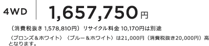 4WD 1,657,750~ iŔ 1,578,810~jTCN 10,170~͕ʓr quYzCgrqu[zCgr21,000~iŔ20,000~j ƂȂ܂B