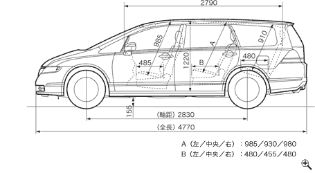 Honda オデッセイ 07年7月終了モデル 大きさ 三面図