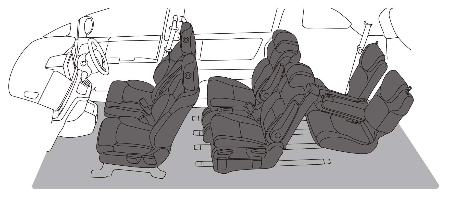 3列目シートの中央席を倒せば、全員が快適なモードに。長尺物も積載可能。