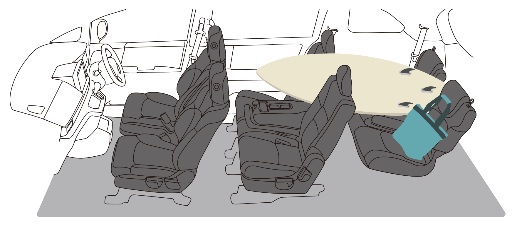 2列目シートと3列目シートの中央席を倒せば、全員が快適なモードに。長尺物も積載可能。
