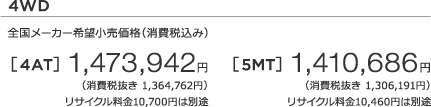 4WD S[J[]iiō݁j  [4AT] 1,473,942~ iŔ 1,364,762~j TCN10,700~͕ʓr m1n [5MT] 1,410,686~ iŔ 1,306,191~j TCN10,460~͕ʓr m1n