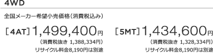 4WD S[J[]iiō݁j  [4AT] 1,499,400~ iŔ 1,388,334~j TCN8,190~͕ʓr m1n [5MT] 1,434,600~ iŔ 1,328,334~j TCN8,190~͕ʓr m1n