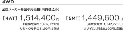 4WD S[J[]iiō݁j  [4AT] 1,514,400~ iŔ 1,402,223~j TCN8,190~͕ʓr m1n [5MT] 1,449,600~ iŔ 1,342,223~j TCN8,190~͕ʓr m1n