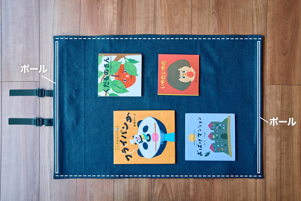 上下にポールを入れて、サイドの点線部分を10mm折り込んで縫い合わせる