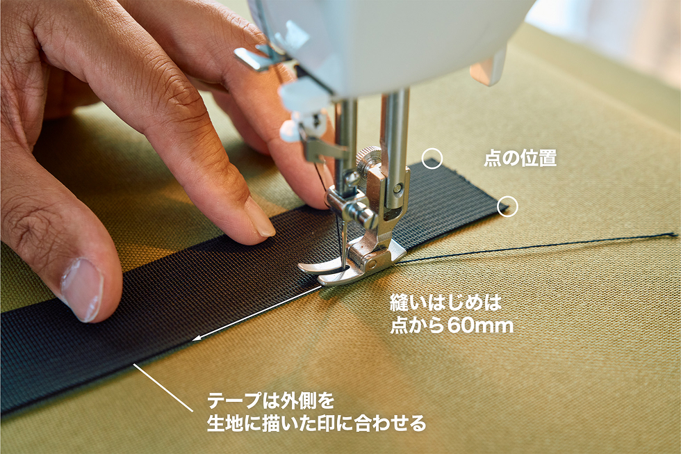 テープの端を点に合わせ、そこから生地中央に向かって60 mmの位置から縫いはじめる