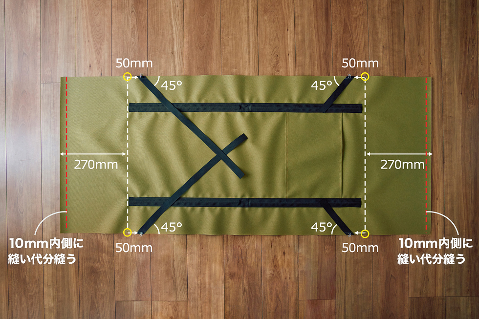 生地の左右外側から270mmの位置、黄色丸の部分に印をつける