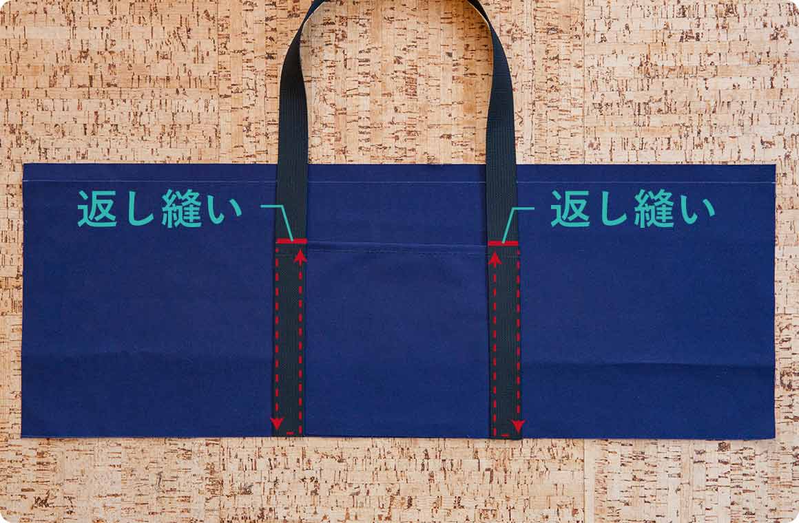 そのまま取手、ポケット、側面を縫い合わせる