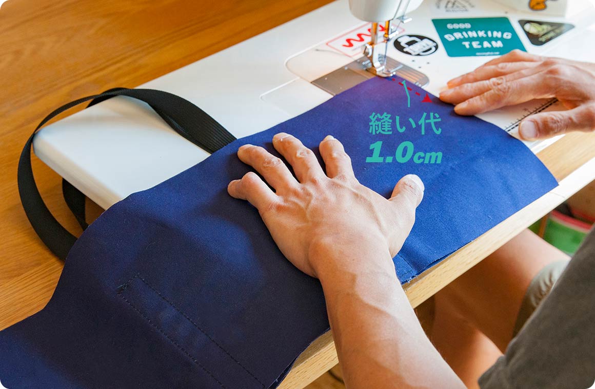 側面の表面同士を重ね合わせ（取手とポケットを取り付けた面同士が内側で重なり合う）