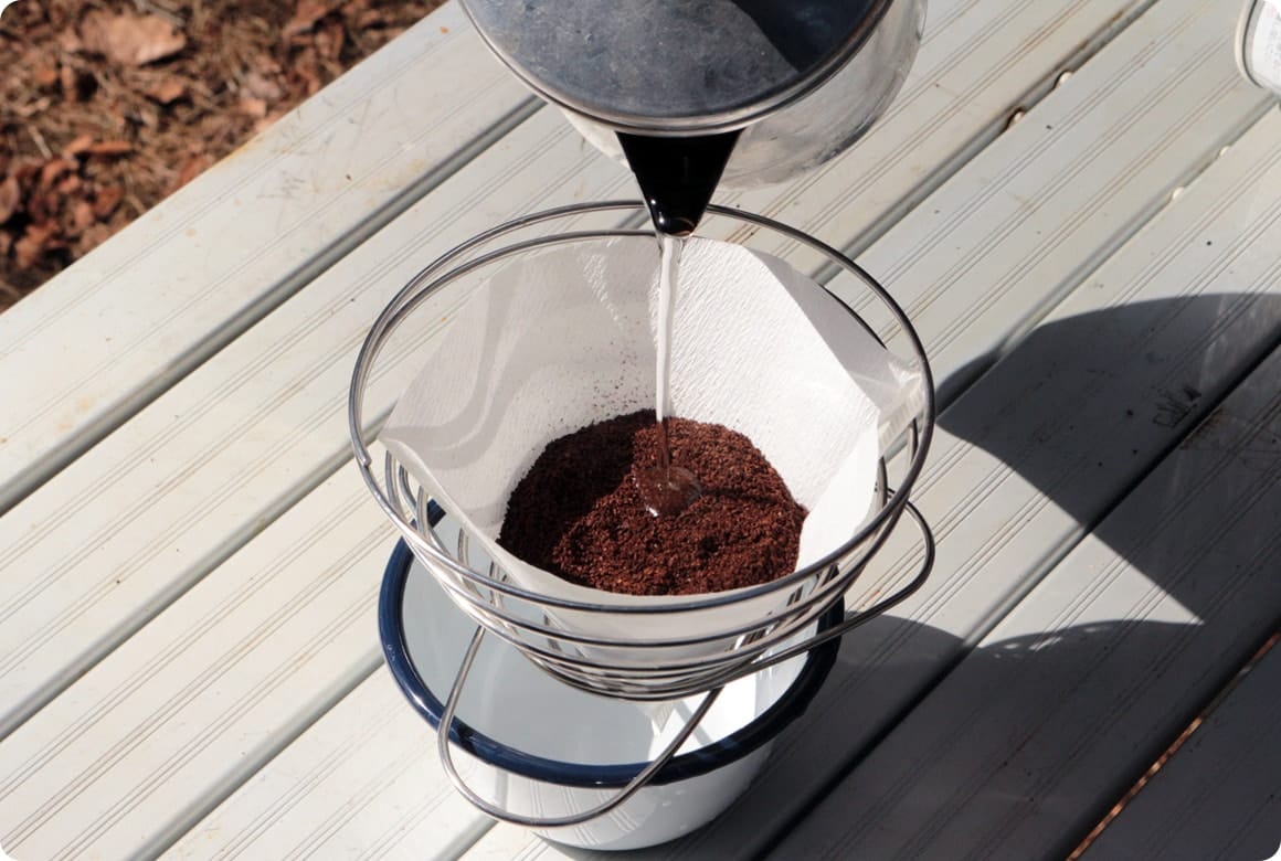 適温になった湯を少量（下に数滴落ちる程度）注いで蒸らす