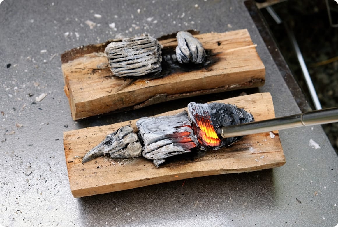 炭・熾きをトングで木に押しつける