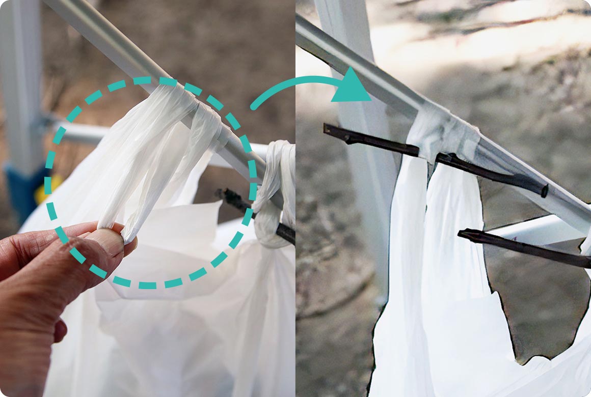 キッチンテーブルの下やサイドテーブルのフレームなどにレジ袋をかける場合は、小枝をストッパーにすると結ばずにすみます。