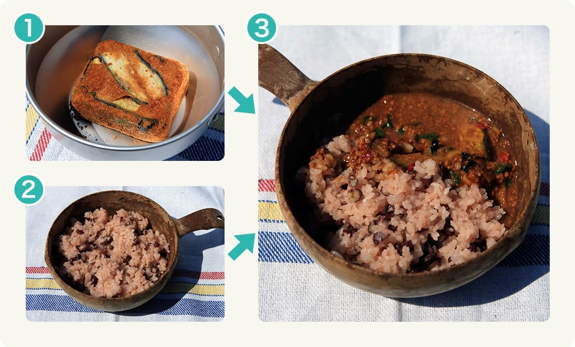 （1）市販のフリーズドライを上手に利用しましょう。これは麻婆茄子（2）アルファ米のお赤飯も好評です（3）このふたつを組み合わせると…お赤飯と麻婆茄子の山頂定食の完成！ おいしそうでしょ？