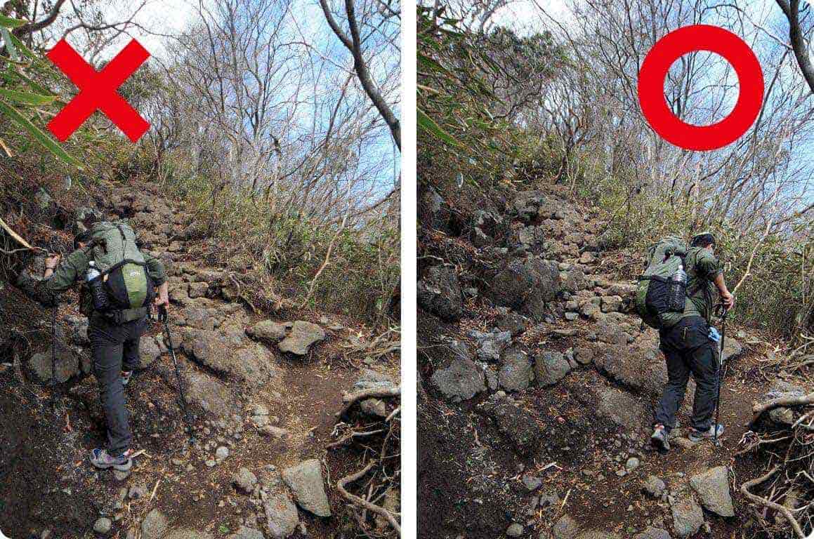 大股で登ることは極力避けましょう。狭い歩幅で進むルートを捜すことが安全と疲労の軽減につながります