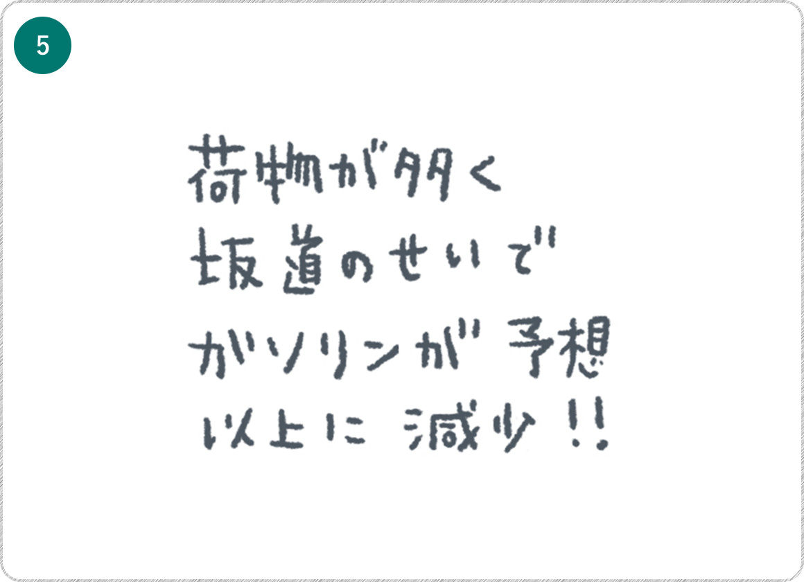 ⑤荷物が多く坂道のせいでガソんが予想以上に減少！！