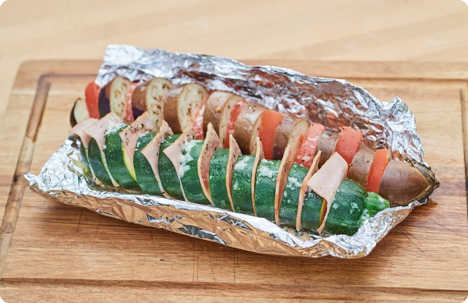 ズッキーニとベーコン・ナスとトマトの挟み焼き