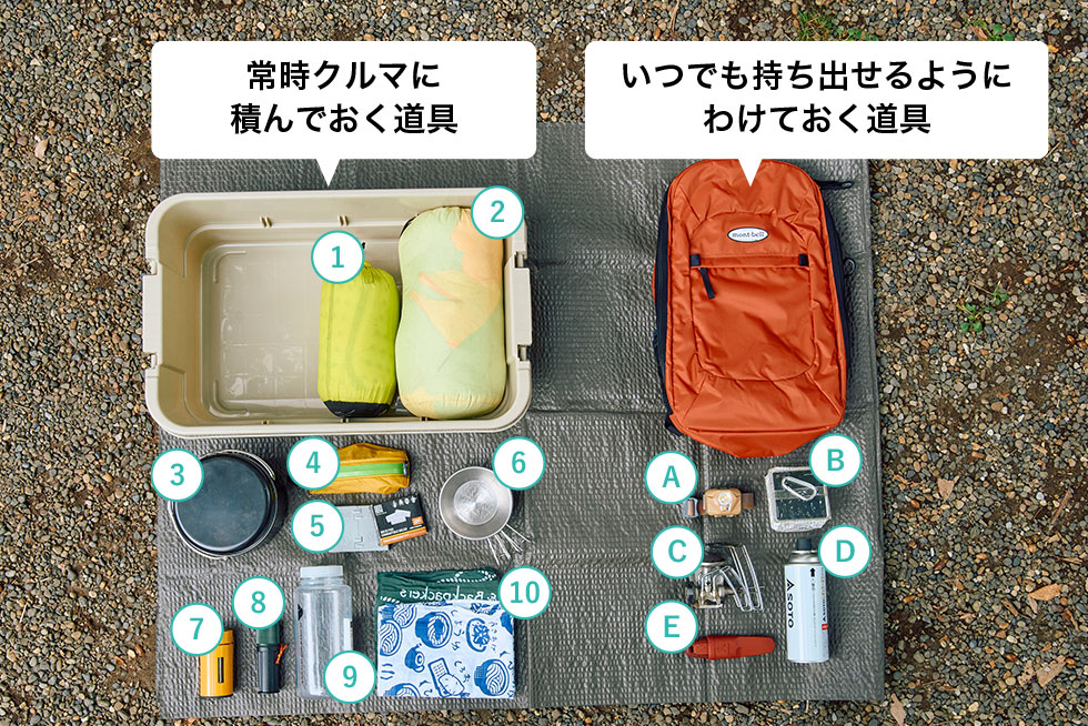 防災用に仕分けたキャンプ道具の画像