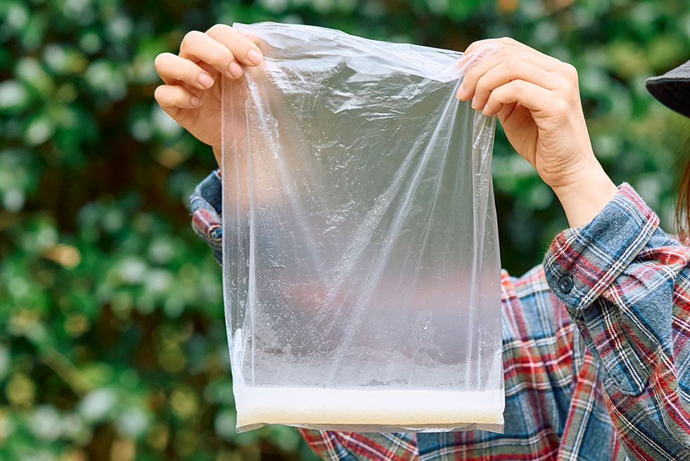 ポリ袋に米と水を入れた画像