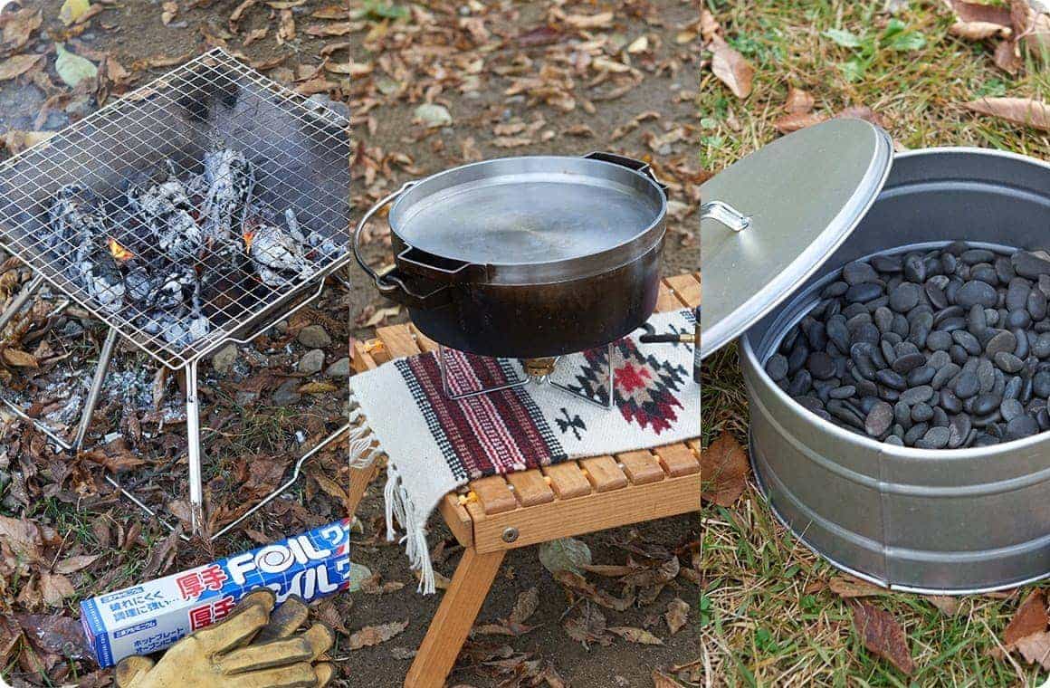 焚き火で焼き芋、ダッチオーブンで焼き芋、石で焼き芋