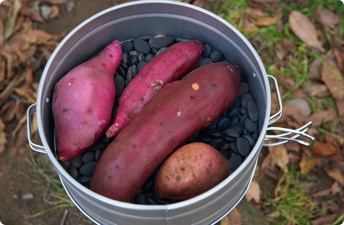 鍋に石を入れ、芋を並べます。