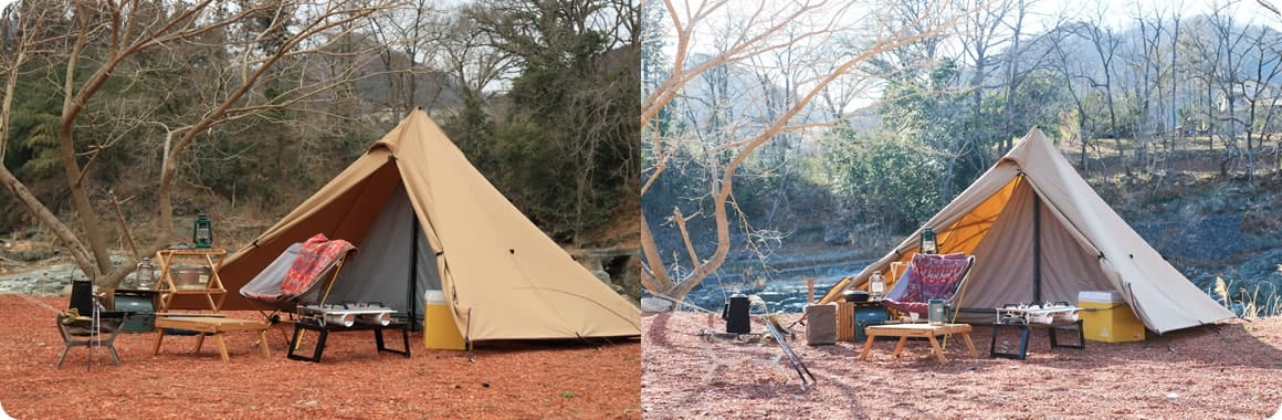 順光で撮った写真と半逆光で撮った写真を比較した画像