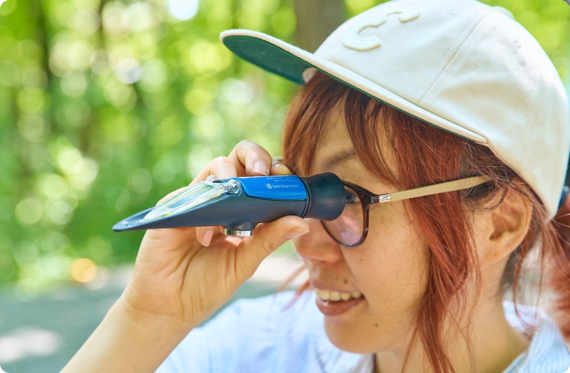 生のとうもろこしの糖度を糖度計で計測する画像 