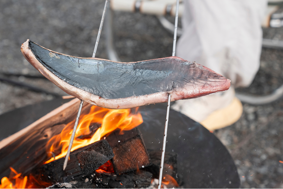 大葉とスライスした玉ねぎの上にカツオをのせ、しらす丼を準備