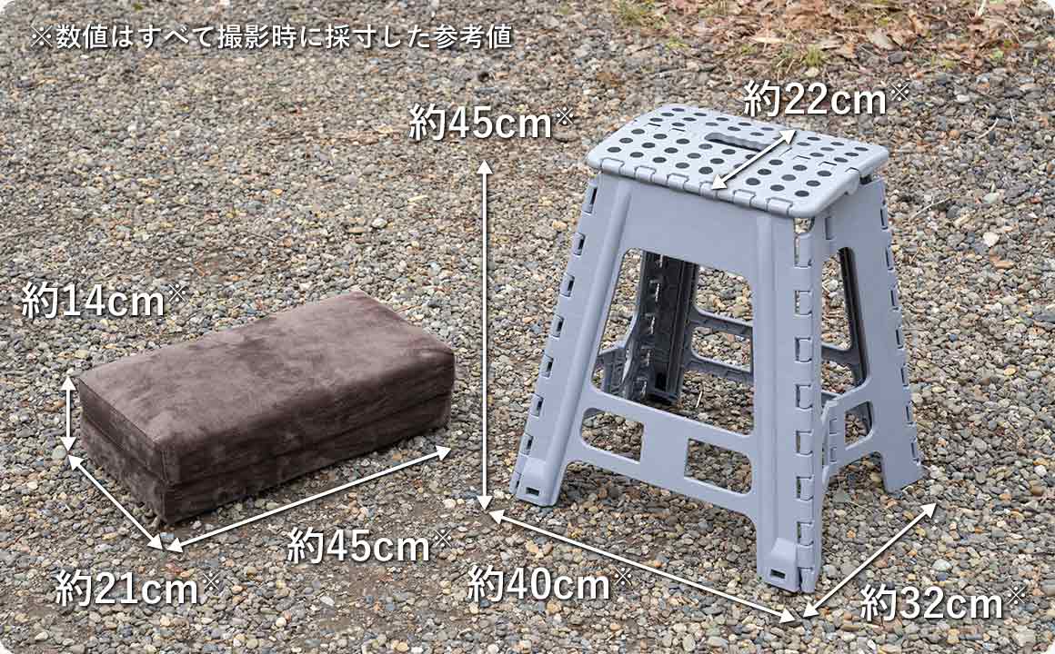 今回使用した踏み台とクッションのサイズ