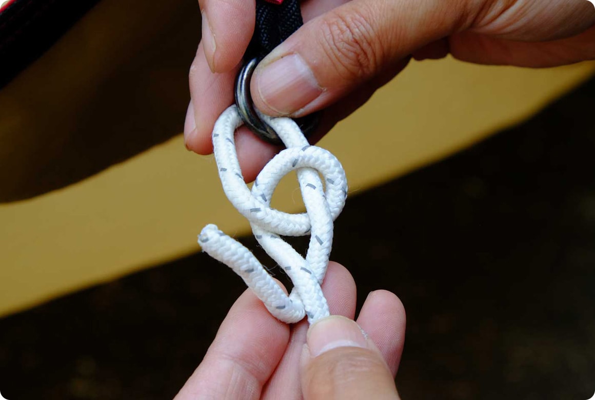 メインポールに使う長い張り綱（右）と、幕体を引っ張る短い張り綱（左）