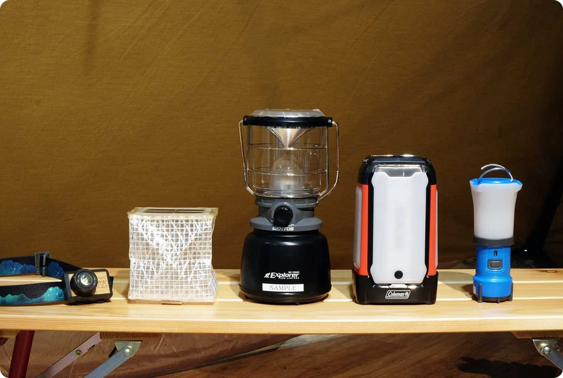 「サイト全体を照らす大型ランタン」「テント内で使う柔らかな光の小型ランタン」「作業しやすいヘッドライト」