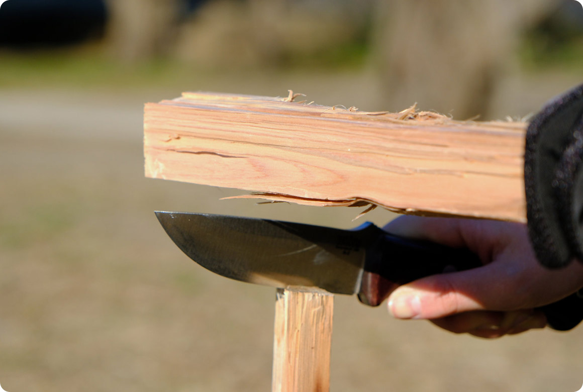 ナイフでのバトニングは、繊維に刃を当てたら薪の真上を別の木でたたきます