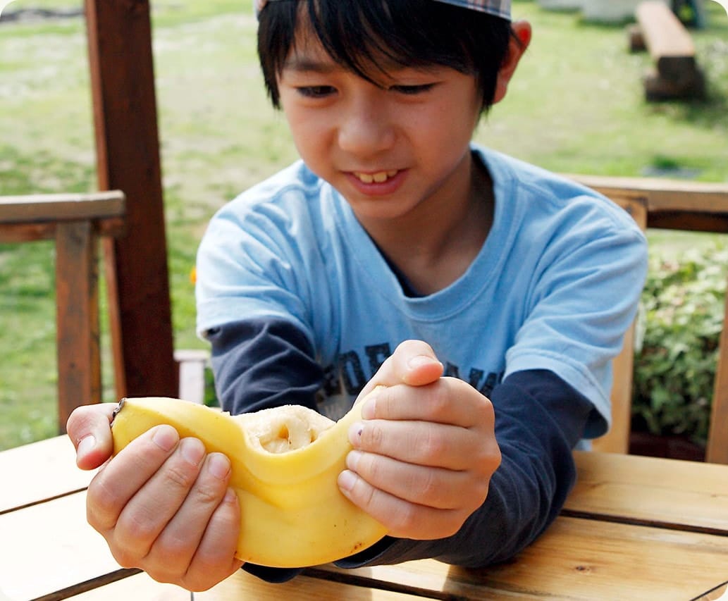 まず、バナナを手で柔らかくつぶすようにします。 皮は剥かずにそのままでOK