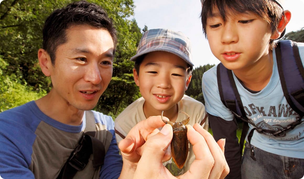 ついにゲットしたタガメを、お父さんが見せてくれた。ふたりの目が釘づけ……